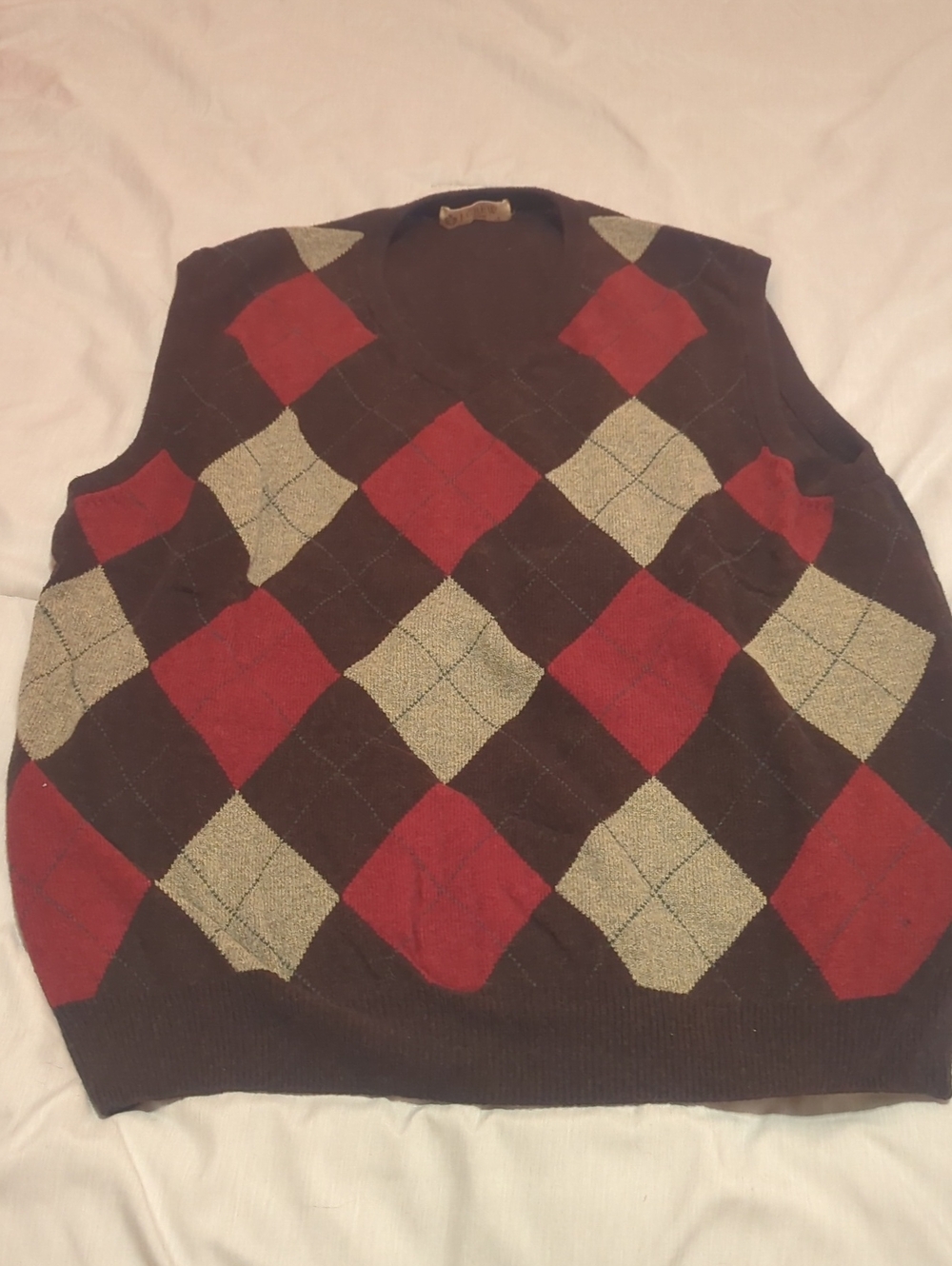 J. Crew Men's Brown Argyle V-Neck Sweater Vest with Red & Tan Diamonds